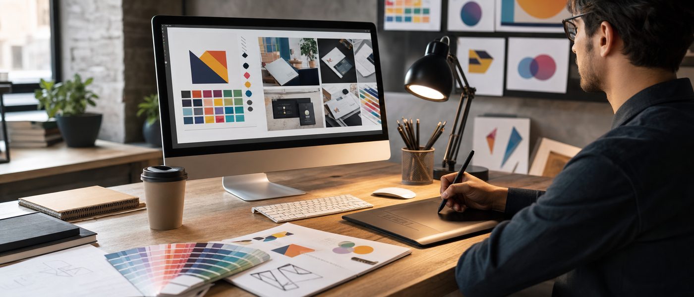 Layout & Design – Kreativarbeitsplatz mit Monitor und Farbpalette